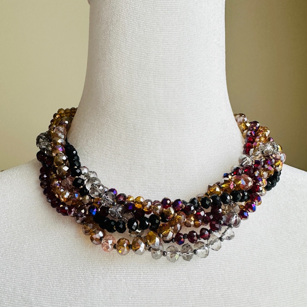 J. Crew beaded multistrand jewel toned necklace grosgrain ribbon tie